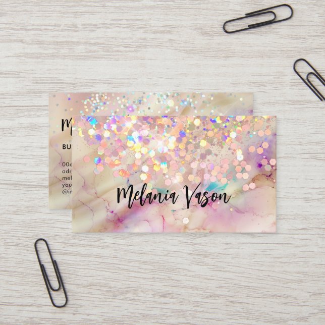 Alcohol Ink Beauty Salon Holographic Glitter Pink Business Card (Front/Back In Situ)