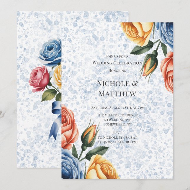 Alcohol Ink Blue Orange Roses Wedding Celebration  Invitation (Front/Back)
