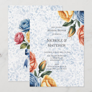 Alcohol Ink Blue Orange Roses Wedding Shower Invitation