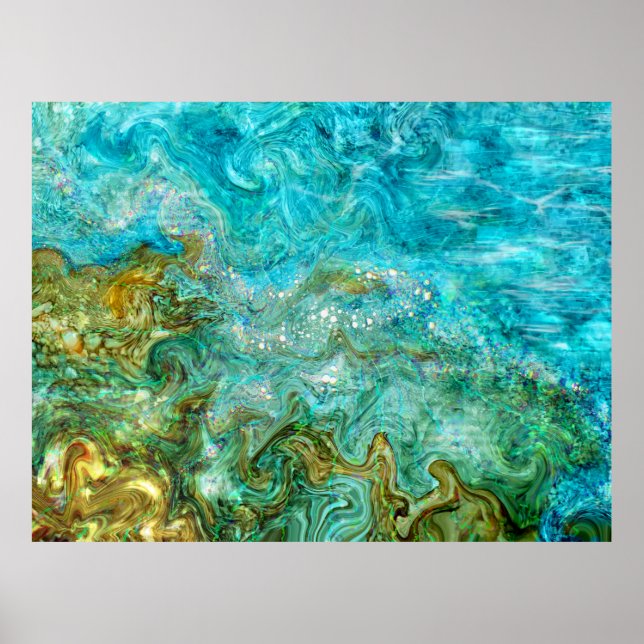 Alcohol Ink Digital Painting Water Waves Beach Poster (Front)