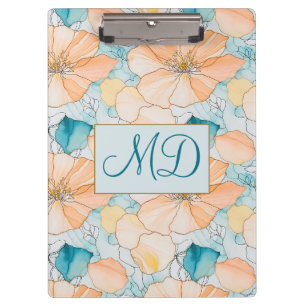 Alcohol Ink Floral Peach Aqua Botanical Art Clipboard