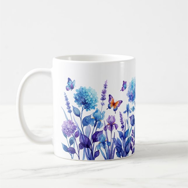 Alcohol Ink Hydrangea Iris Lavender Butterfly Mug (Left)