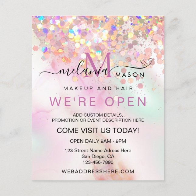 Alcohol Ink Makeup Artist Holographic Glitter Chic Flyer (Back)