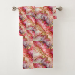 Alcohol Ink Pink and Gold Marble Towel Set