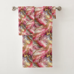 Alcohol Ink Pink and Gold Marble Towel Set