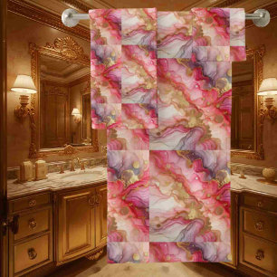 Alcohol Ink Pink and Gold Marble Towel Set