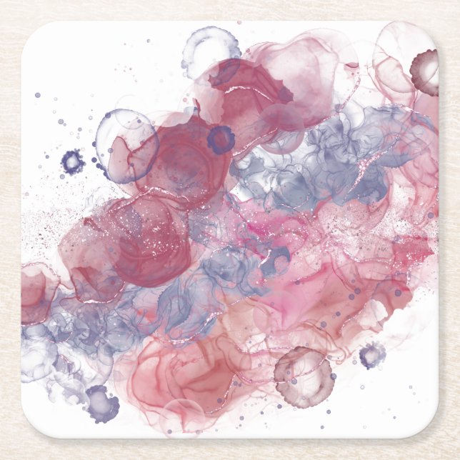 Alcohol Ink Pink Drops Square Paper Coaster (Front)