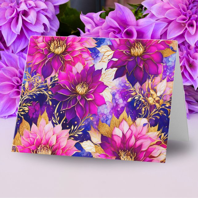 Alcohol Ink Pink Purple Dahlia Flowers ai Artwork Note Card (Send vibrant floral greetings with this stunning dahlia flowers note card.)