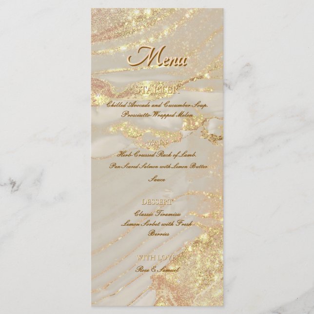 Alcohol Ink Rose Glitter Gold Chic Flat Menu (Front)