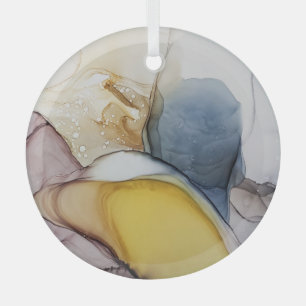 Alcohol ink swirls, yellow tint, abstract. glass tree decoration