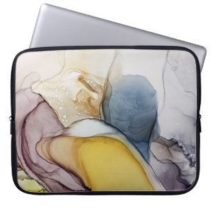 Alcohol ink swirls, yellow tint, abstract. laptop sleeve