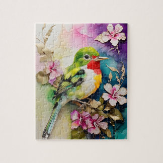 Alcohol Inks Paint Cuban Tody Bird  Jigsaw Puzzle