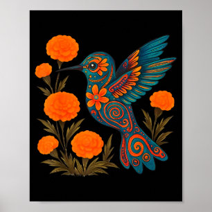 Alebrije Hummingbird Flower Mexican Folk Art Bird  Poster