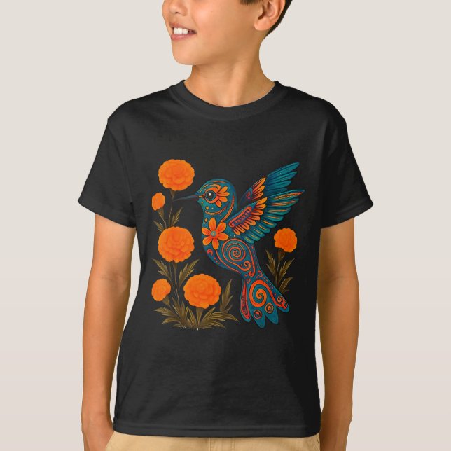 Alebrije Hummingbird Flower Mexican Folk Art Bird  T-Shirt (Front)