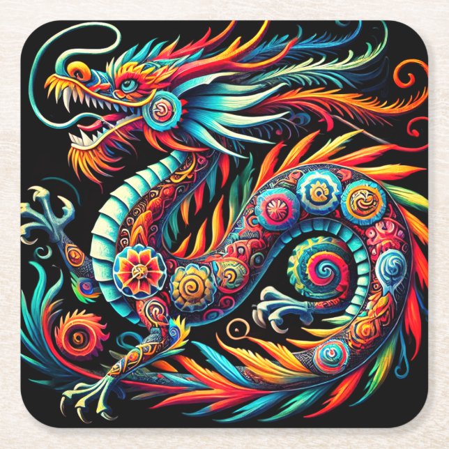 Alebrije Quetzalcóatl Square Paper Coaster (Front)
