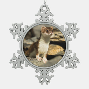 Alert Weasel Snowflake Pewter Christmas Ornament