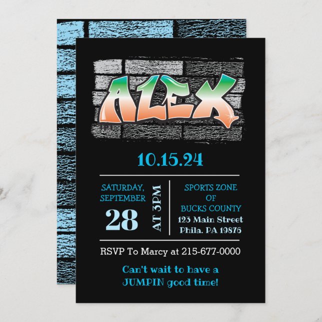 ALEX Your Name Graffiti Brick Wall Paint Splatter Invitation (Front/Back)