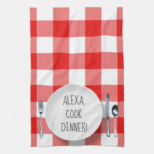 Alexa Command humor on buffalo plaid Tea Towel