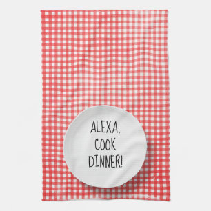 Alexa Command humor on red gingham Tea Towel