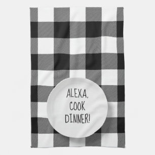 Alexa Command humour on buffalo plaid Tea Towel