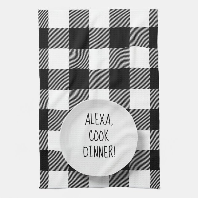 Alexa Command humour on buffalo plaid Tea Towel (Vertical)