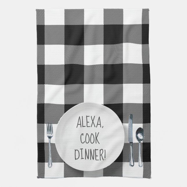Alexa Command humour on buffalo plaid Tea Towel (Vertical)