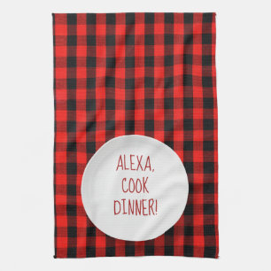 Alexa Command humour on buffalo plaid Tea Towel