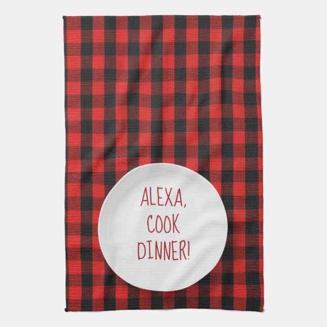 Alexa Command humour on buffalo plaid Tea Towel (Vertical)