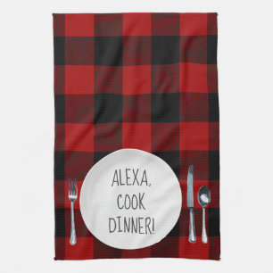 Alexa Command humour on buffalo plaid Tea Towel