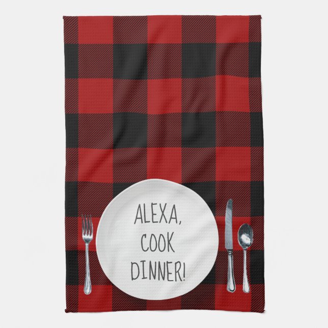 Alexa Command humour on buffalo plaid Tea Towel (Vertical)