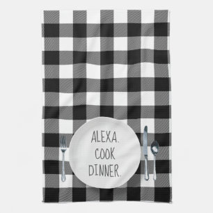 Alexa Command Humour On Buffalo Plaid Tea Towel