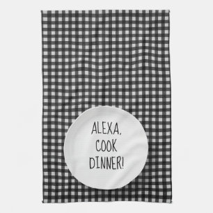 Alexa Command humour on gingham Tea Towel