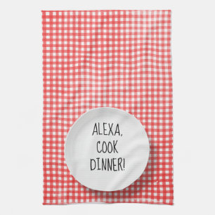 Alexa Command humour on red gingham Tea Towel