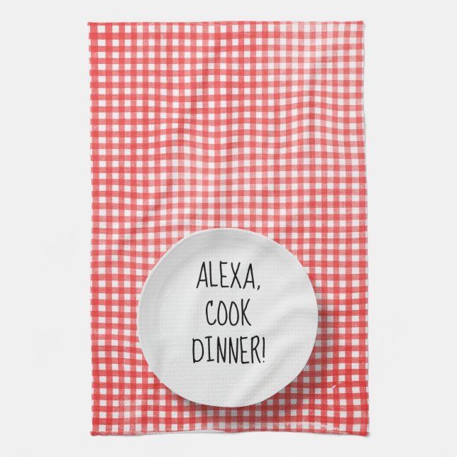 Alexa Command humour on red gingham Tea Towel (Vertical)