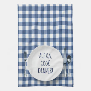 Alexa Command On Blue Gingham Tea Towel