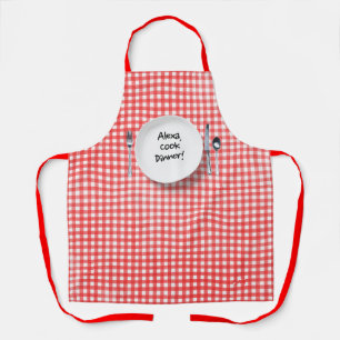 Alexa command on white plate apron