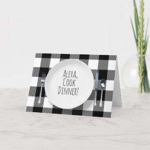 Alexa Command on white plate birthday Card