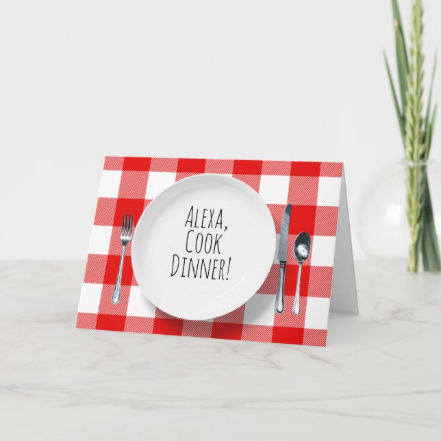 Alexa Command on white plate on plaid birthday Card (Front)