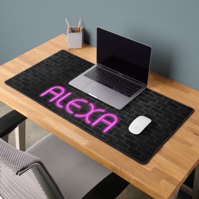 ALEXA In PINK Neon Lights On Brick Desk Mat (Office 2)