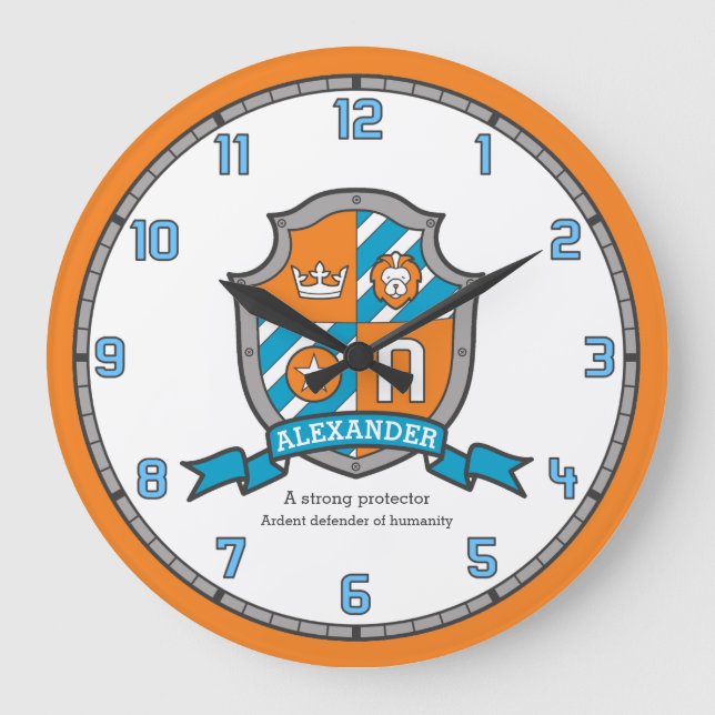 Alexander boys name meaning knights shield orange large clock (Front)