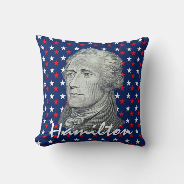 Alexander Hamilton on Red, White and Blue Stars Cushion (Front)