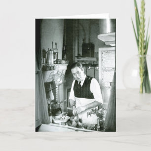 Alexander Watt in a kitchen, 1950s Holiday Card
