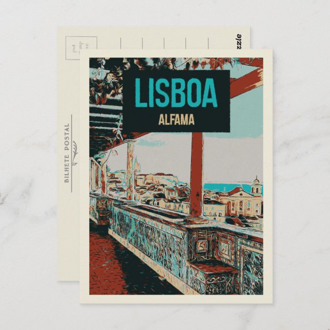 Alfama View Illustration, Lisbon's Charming Postcard (Front/Back)