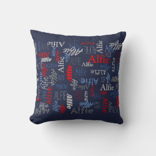 Alfie blue red text custom name pillow