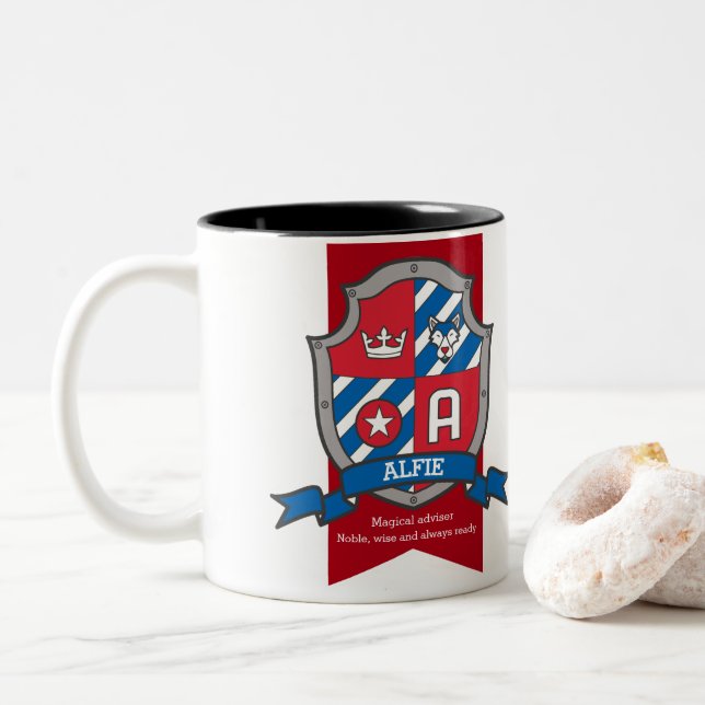 Alfie crest dog red blue name meaning letter A mug (With Donut)