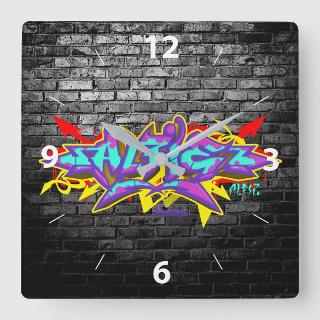 Alfie in graffiti lettering with grey bricks square wall clock (Front)