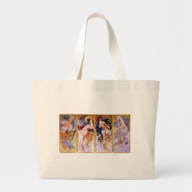 Alfons Mucha Art Nouveau Girls Painting Large Tote Bag (Front)