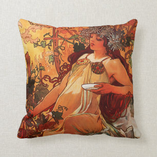 Alfons Mucha "Autumn" Art Nouveau Throw Pillow