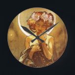 Alfons Mucha: Luna Round Clock<br><div class="desc">Another charming Art Nouveau wall clock featuring Luna,  painted by the Czech painter and decorative artist Alfons Maria Mucha.</div>