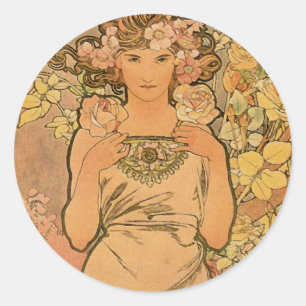 Alfons Mucha ~ The rose Classic Round Sticker